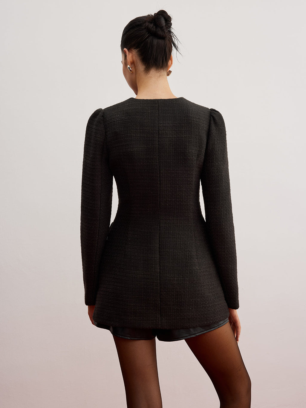 Kemersiz Şık Düğmeli Tweed Blazer