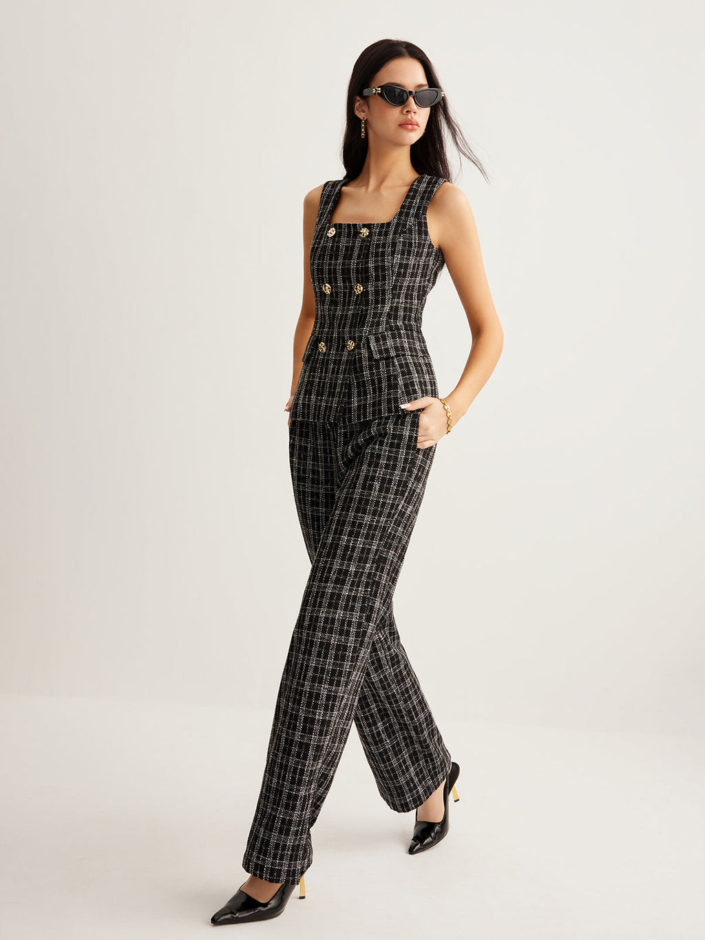 Kareli Tweed Düğmeli Yelek