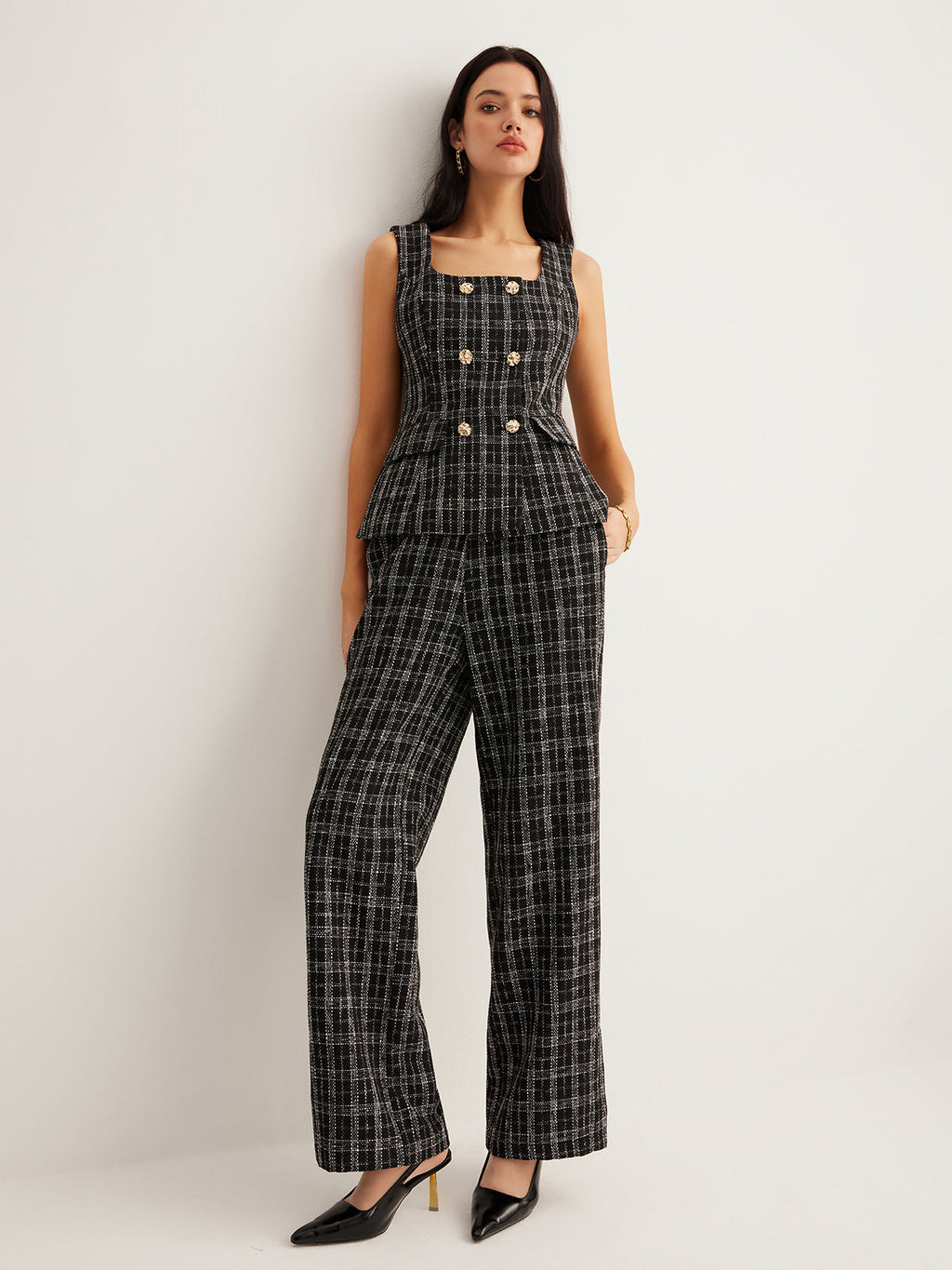 Kareli Tweed Düğmeli Yelek