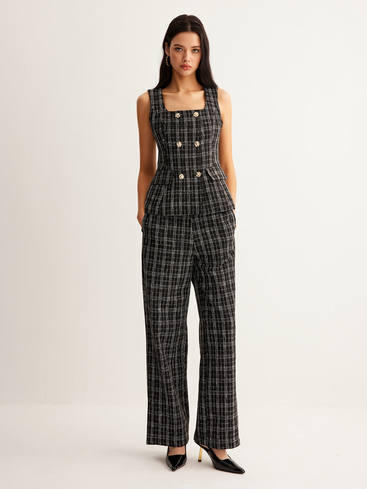 Kareli Tweed Düğmeli Yelek