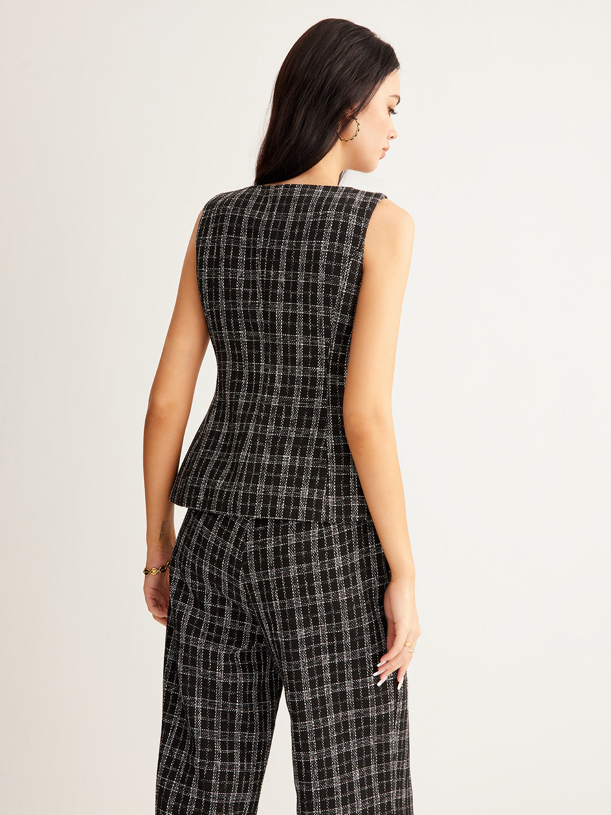 Kareli Tweed Düğmeli Yelek