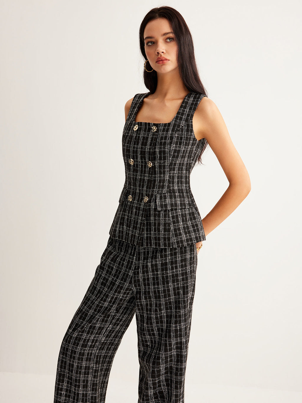 Kareli Tweed Düğmeli Yelek