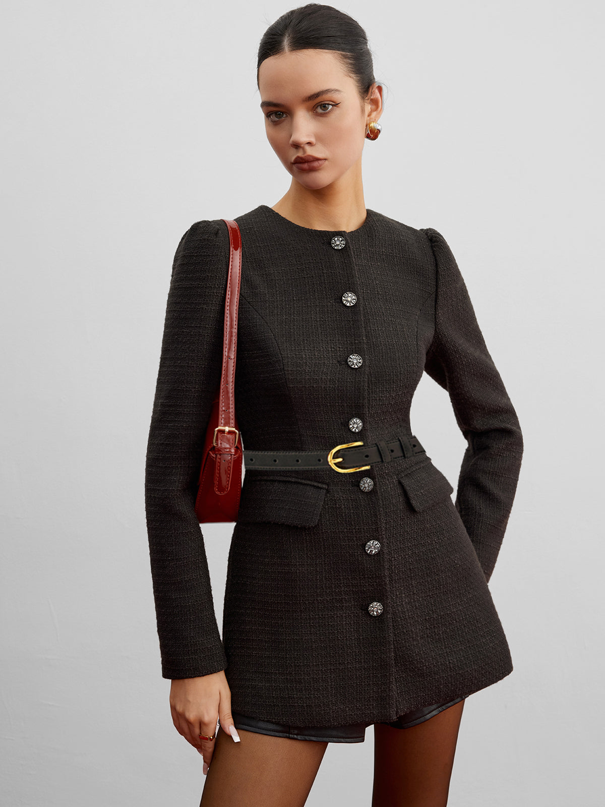 Kemersiz Şık Düğmeli Tweed Blazer