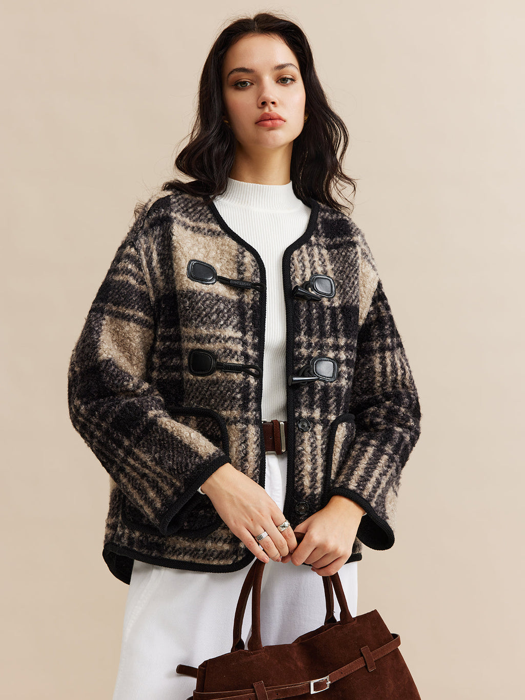 Kontrast Kesim Kareli Tweed Palto