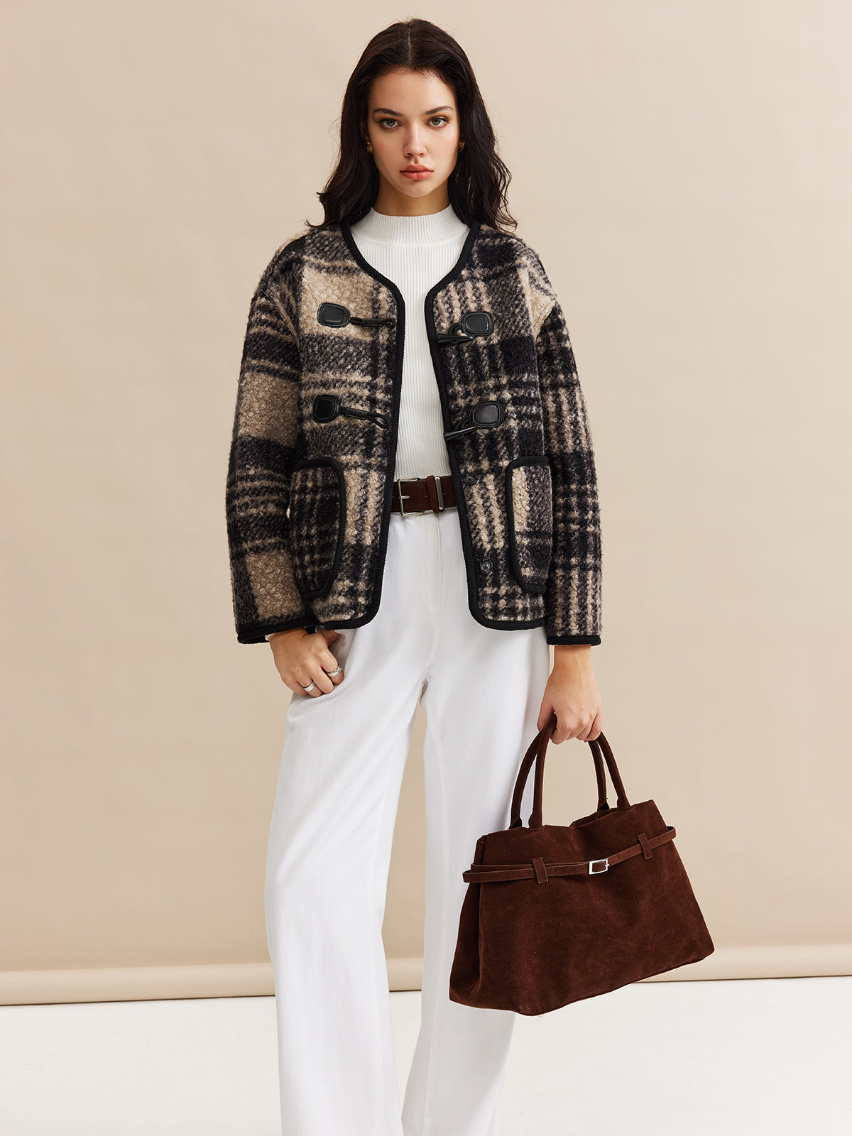 Kontrast Kesim Kareli Tweed Palto