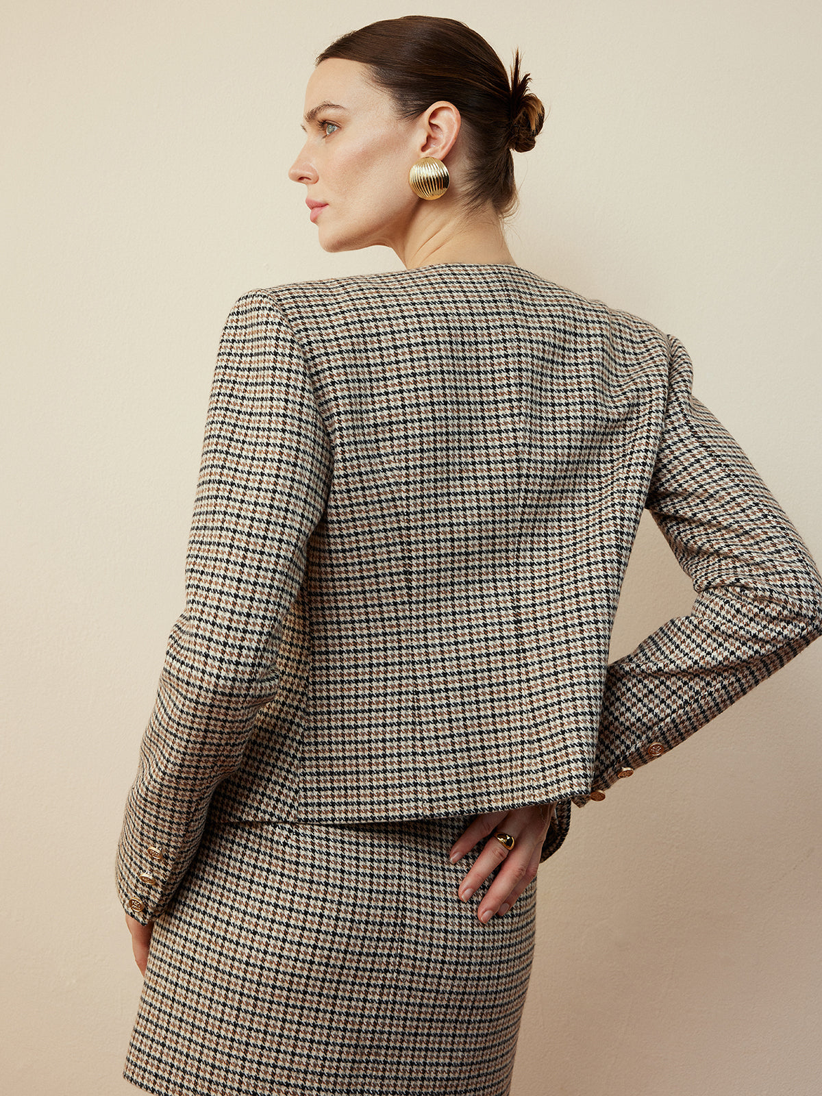 Houndstooth Düğmeli Kısa Ceket