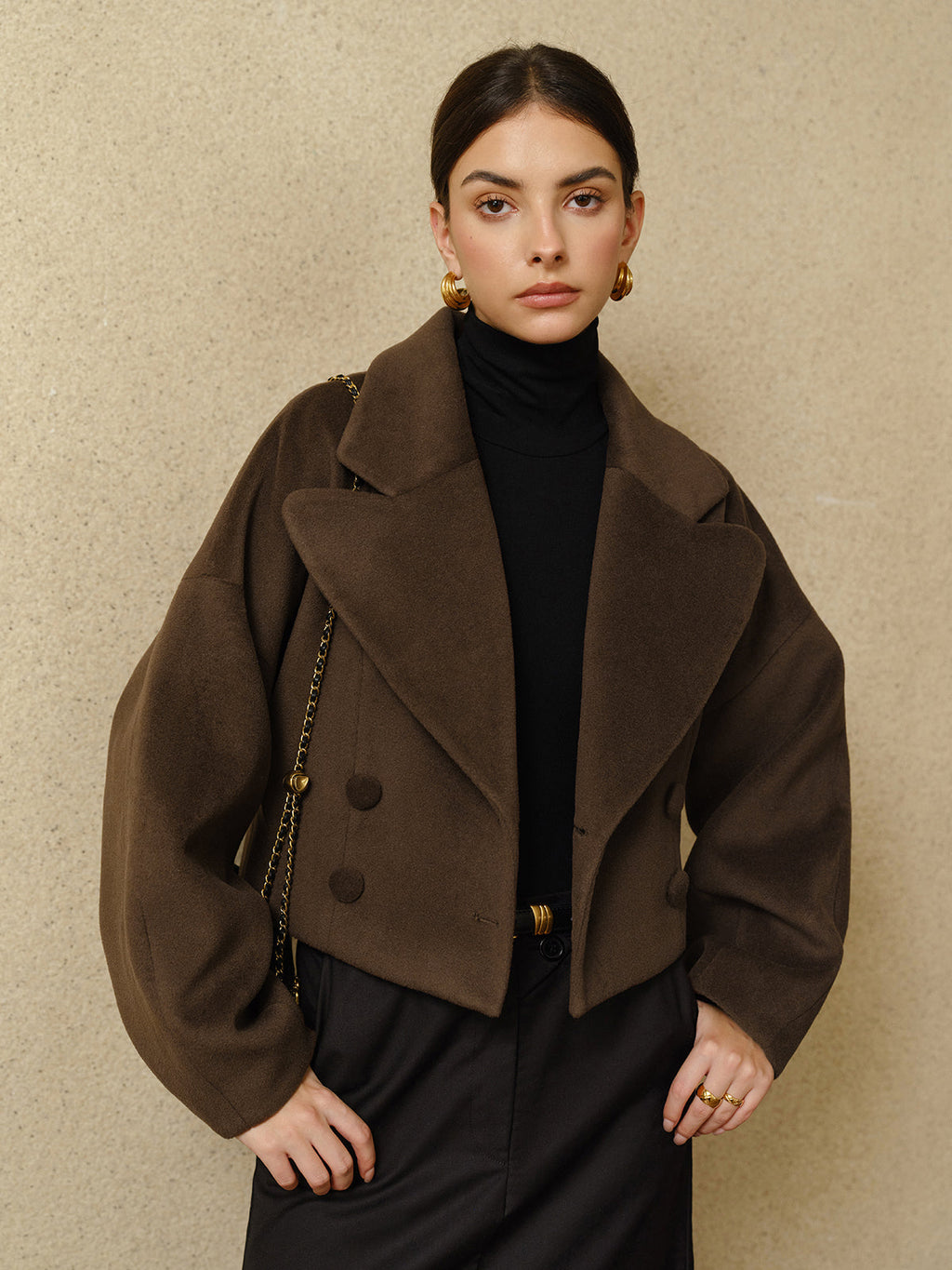 Düğmeli Tweed Yaka Kısa Mont