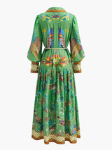Boho Uzun Kollu Düğmeli Çiçekli Elbise