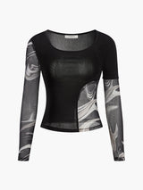 Yarı Şeffaf Geometrik Baskılı Dosya Jersey Üst