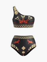 Tribal Baskılı Tek Omuzlu Bikini Takımı