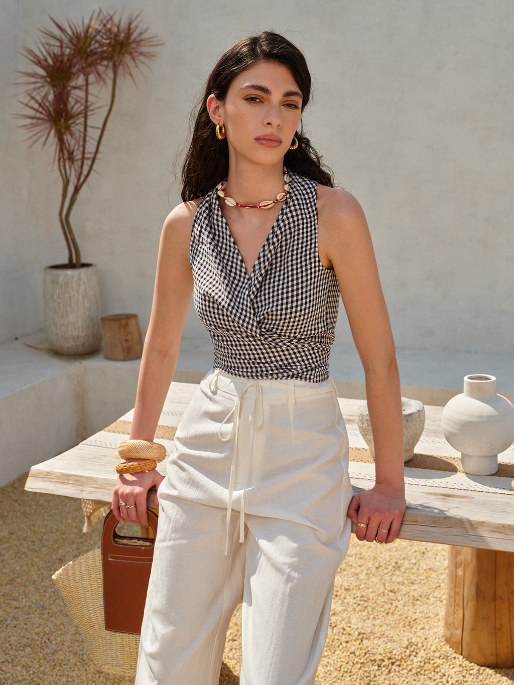 Gingham Halter Wrap Üst