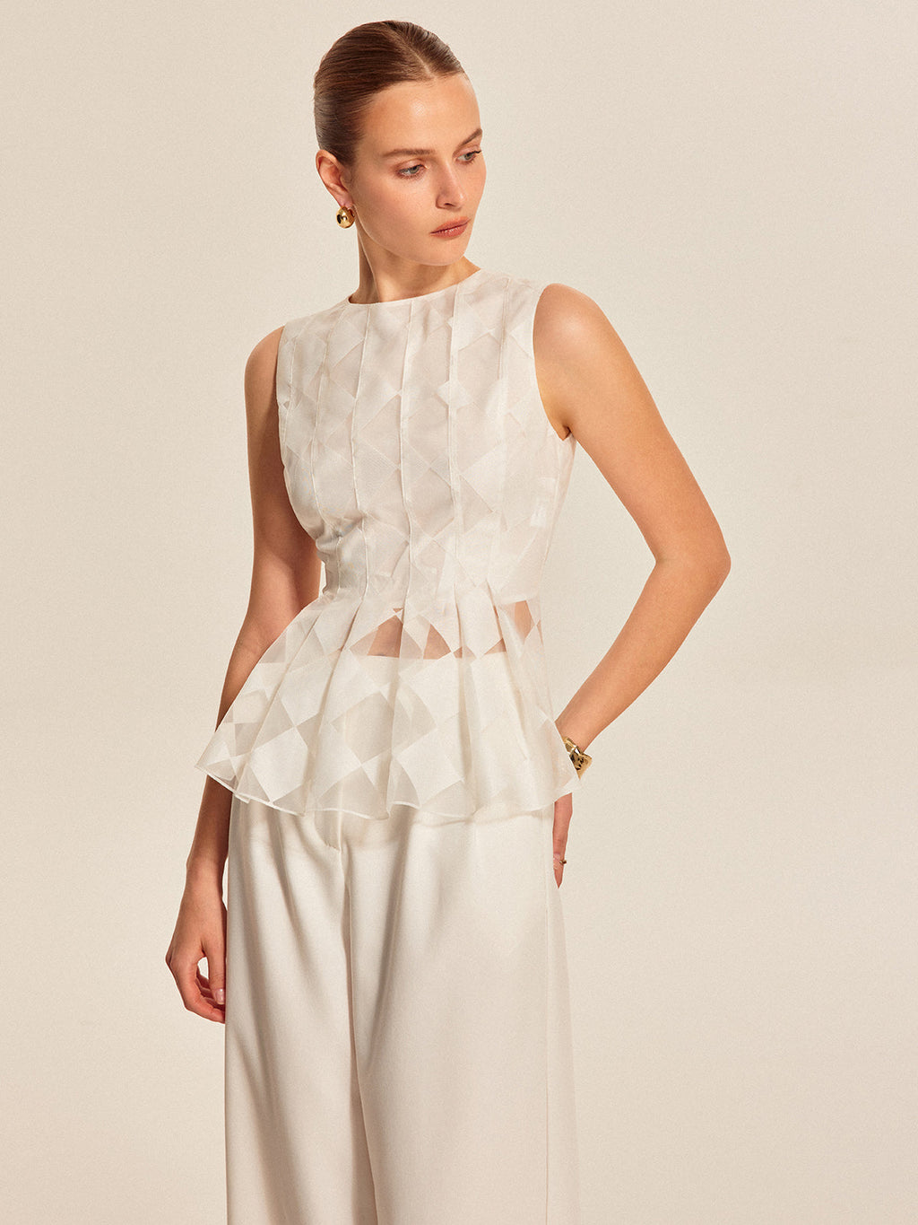 Yarı Şeffaf Geometrik Peplum Üst