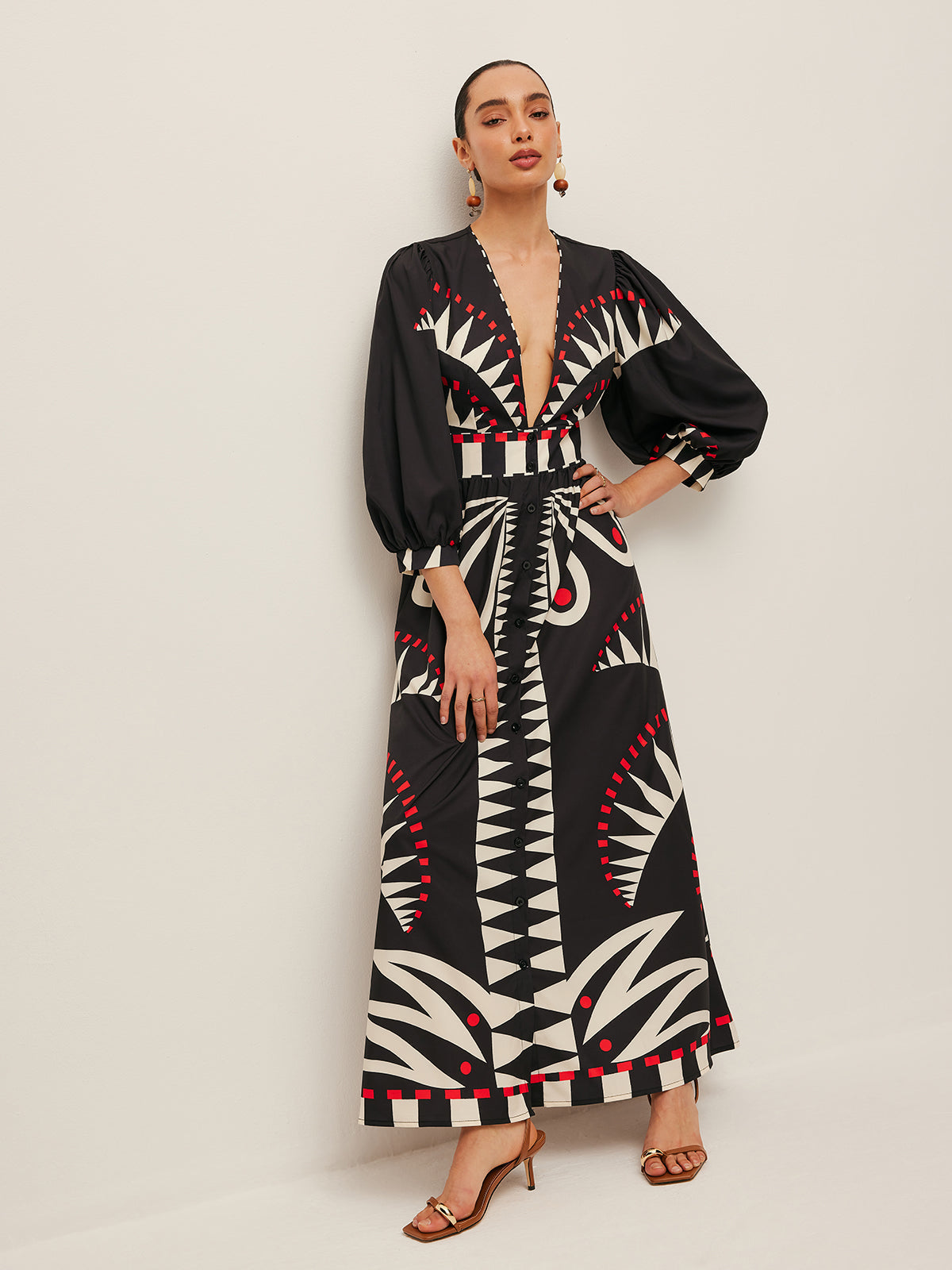 Boho Desenli V Yakalı Yırtık Elbise