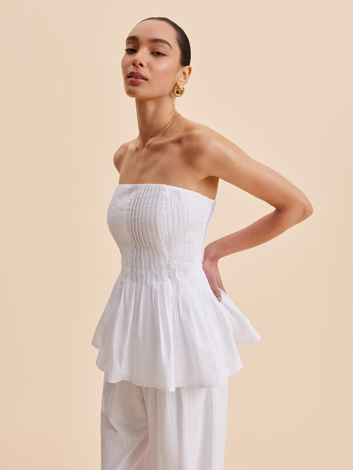 Pamuklu Pileli Straplez Peplum Üst