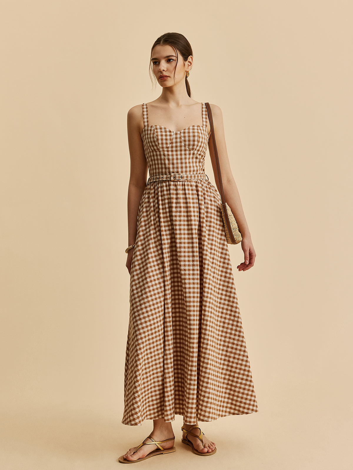 Gingham Kemerli Büstiyer Elbise