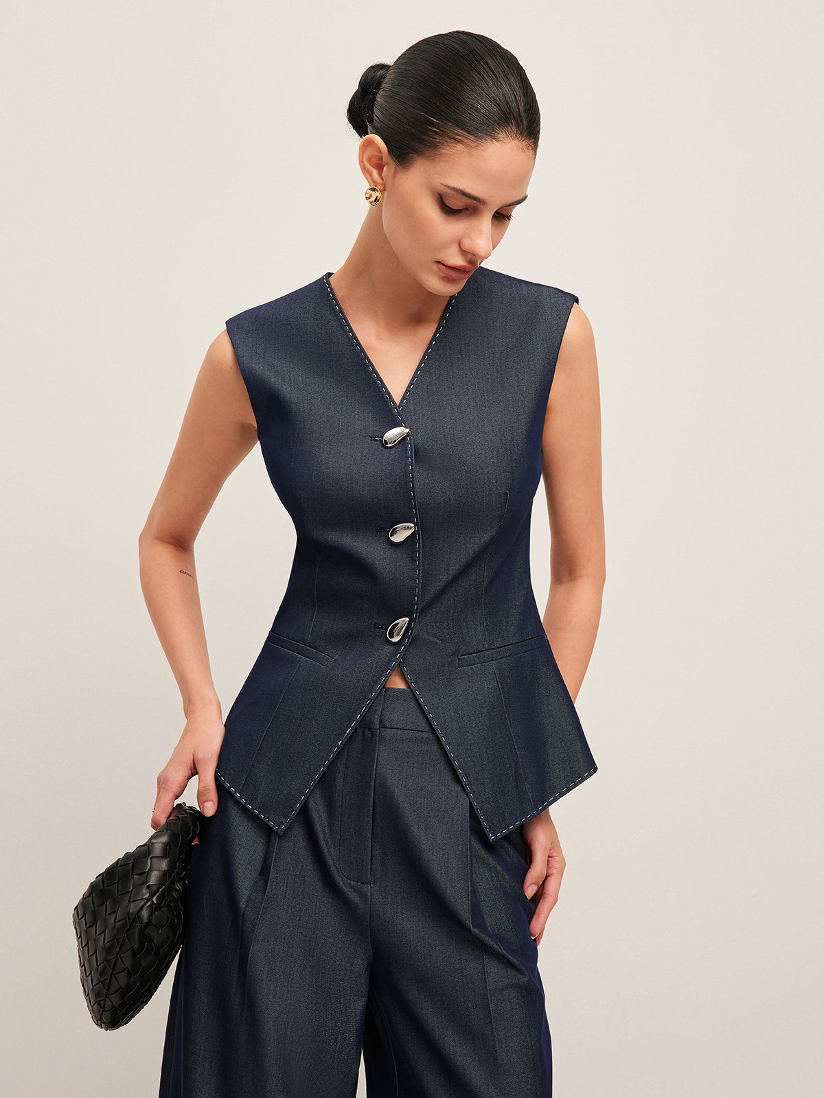 Kontrast Dikişli Düğmeli Peplum Yelek
