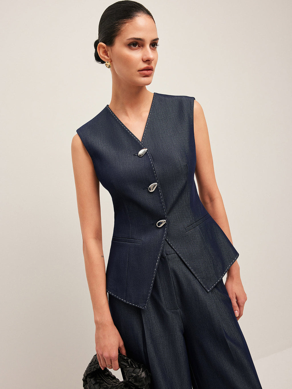 Kontrast Dikişli Düğmeli Peplum Yelek
