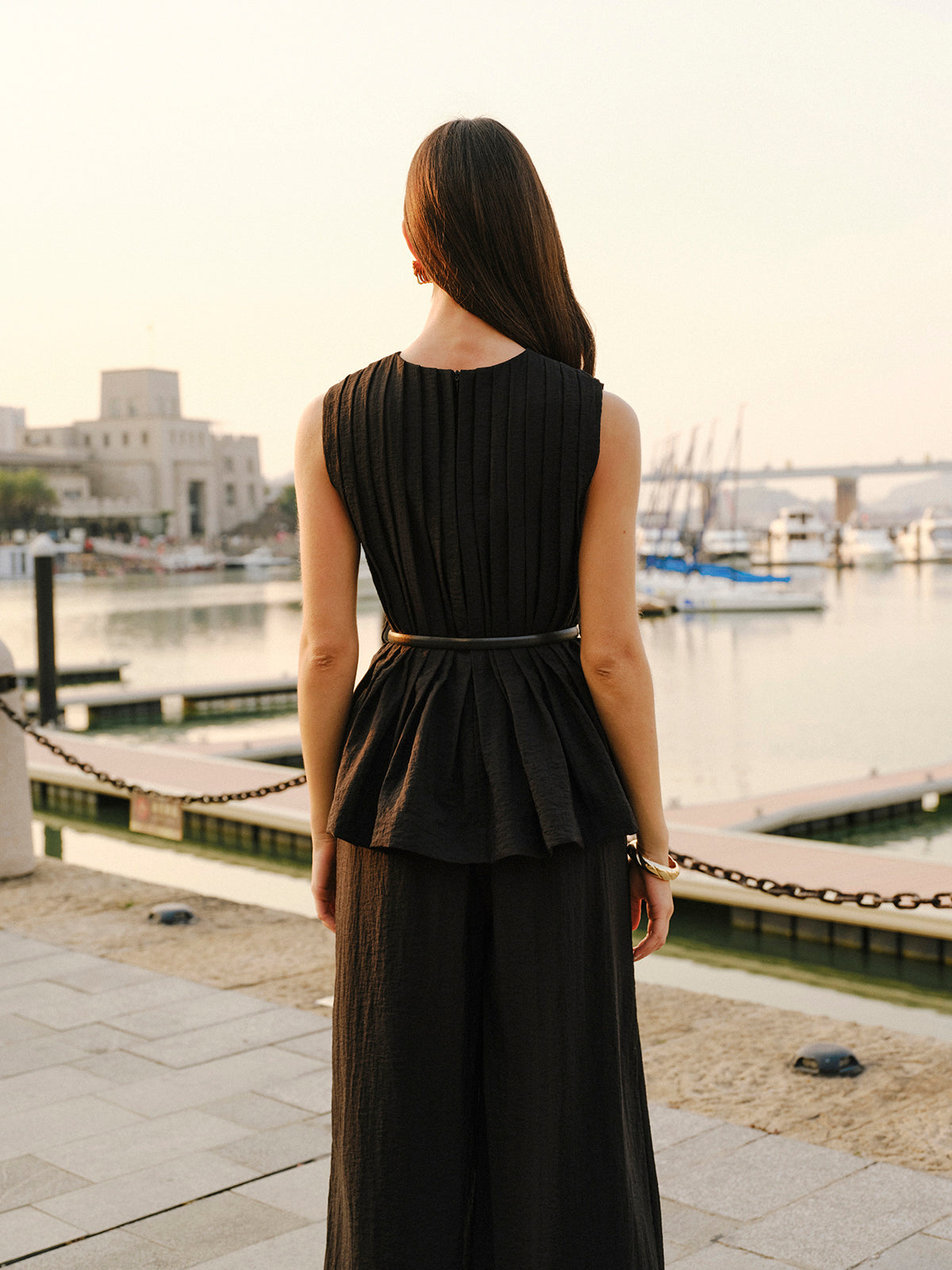 Peplum Üst Geniş Paça Pantolon Takımı Kemerli