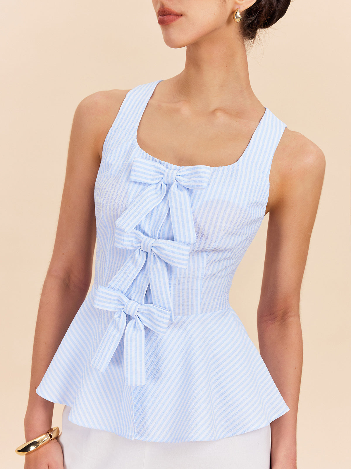 Fiyonk Detaylı Çizgili Peplum Üst