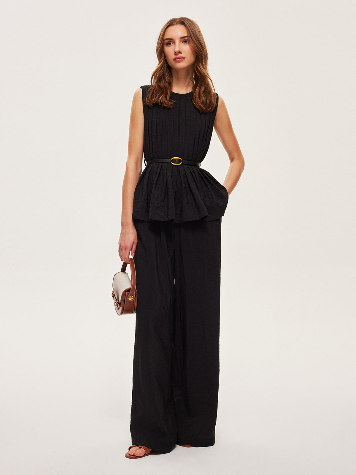 Peplum Üst Geniş Paça Pantolon Takımı Kemerli