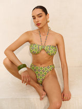Halter Bağcıklı Retro Baskılı Bikini Üstü