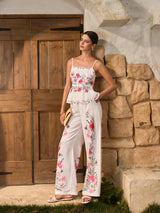 Çiçekli Peplum Üst Pantolon Takımı