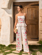 Çiçekli Peplum Üst Pantolon Takımı