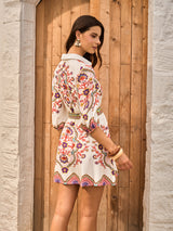 Boho Çiçek Desenli Yakalı Elbise