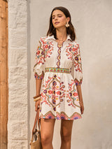 Boho Çiçek Desenli Yakalı Elbise