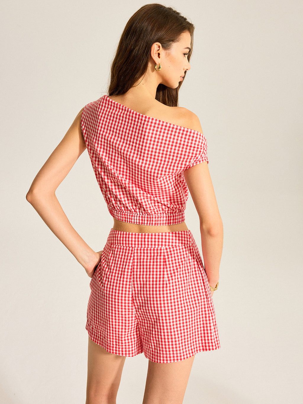 Gingham Tek Omuzlu Üst Ve Şort Takımı