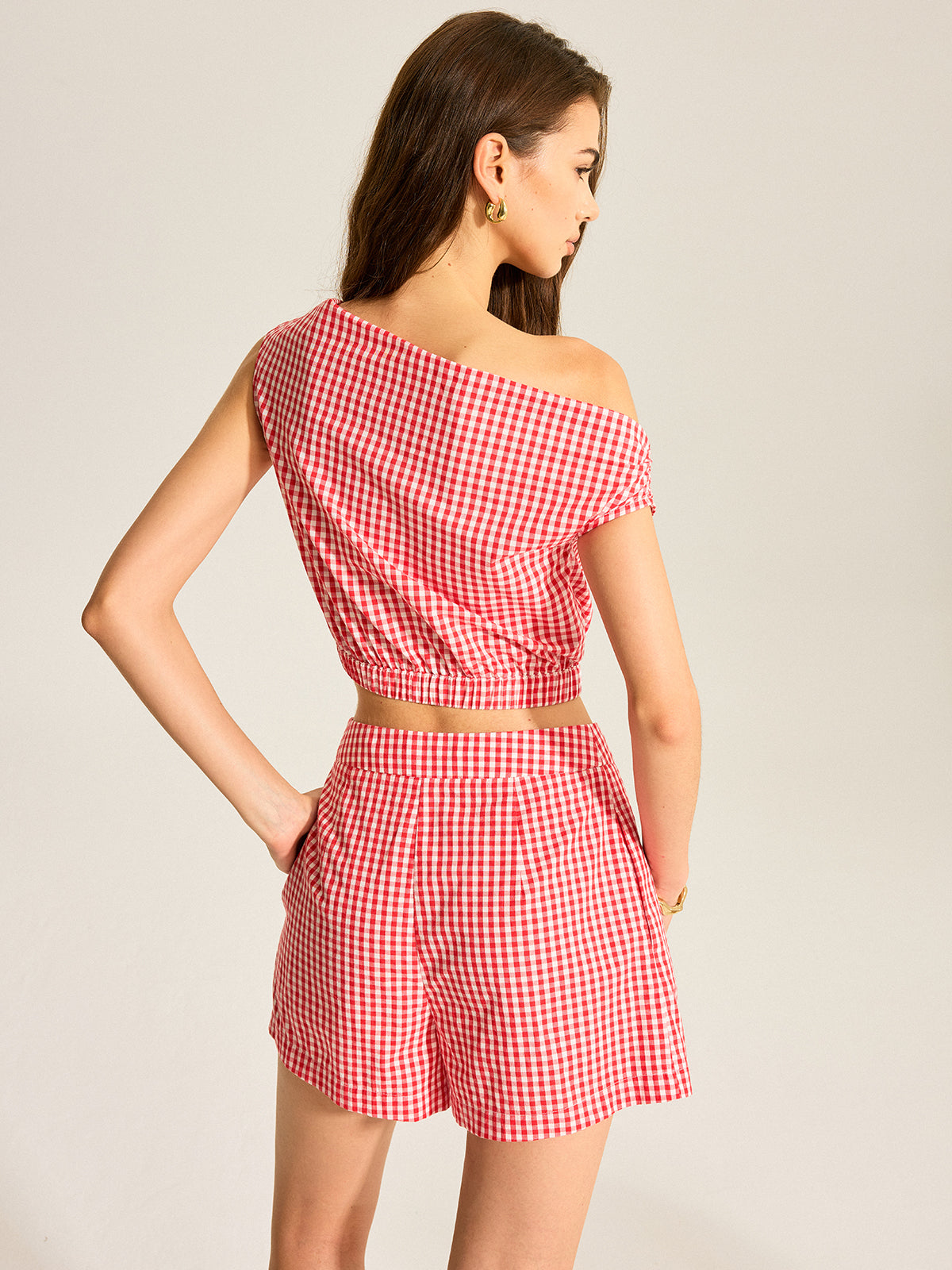 Gingham Tek Omuzlu Üst Ve Şort Takımı