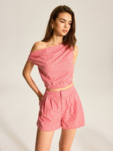 Gingham Tek Omuzlu Üst Ve Şort Takımı