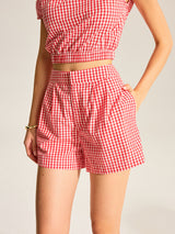 Gingham Tek Omuzlu Üst Ve Şort Takımı