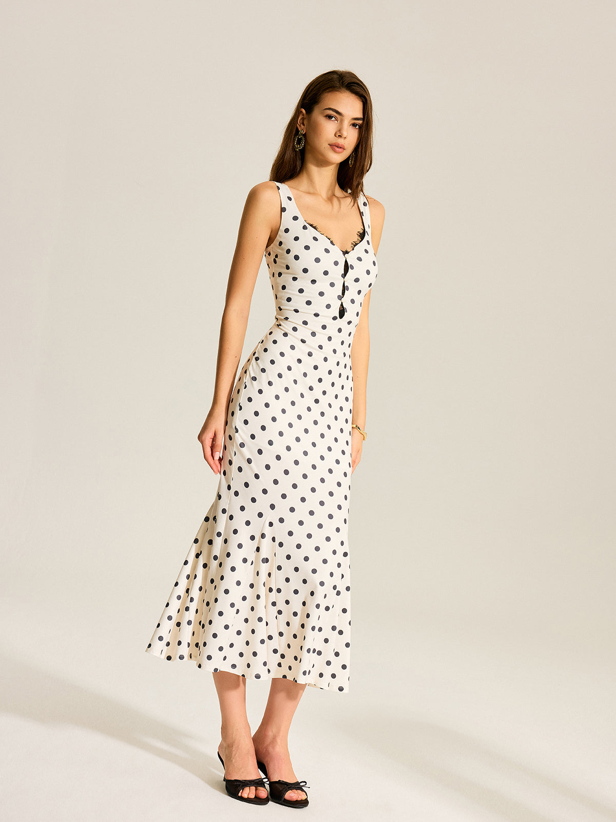 Dantelli Polka Dot Uzun Elbise