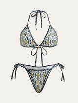 Desenli Boyundan Bağlamalı Bikini Takımı