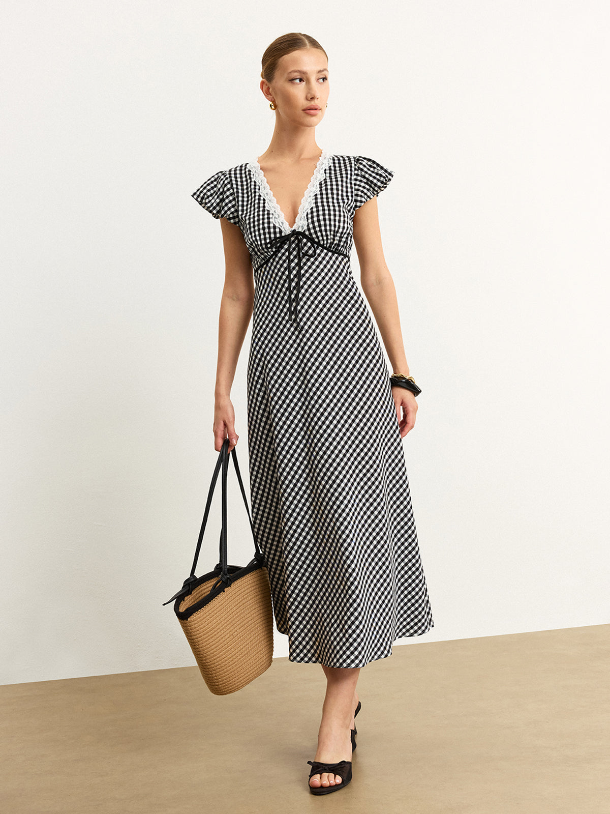 Gingham Dantelli Midi Elbise