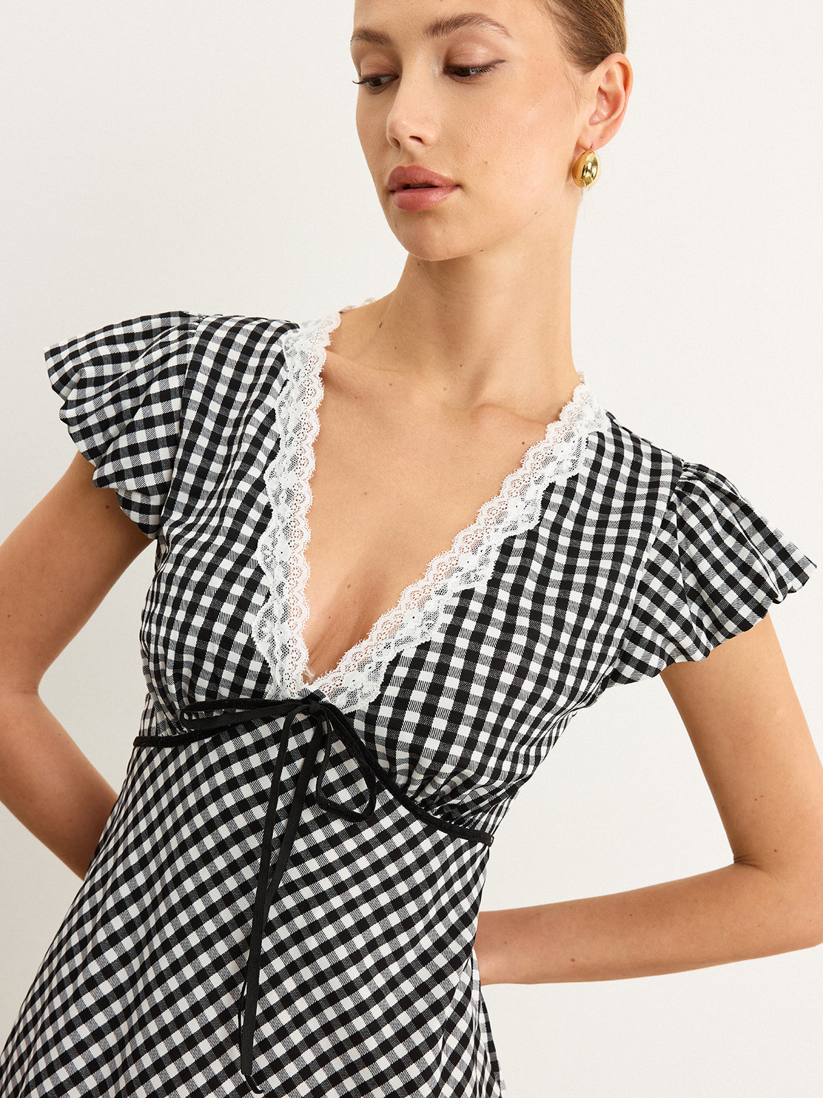 Gingham Dantelli Midi Elbise