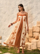Kontrast Panelli Boho Desenli Askılı Elbise