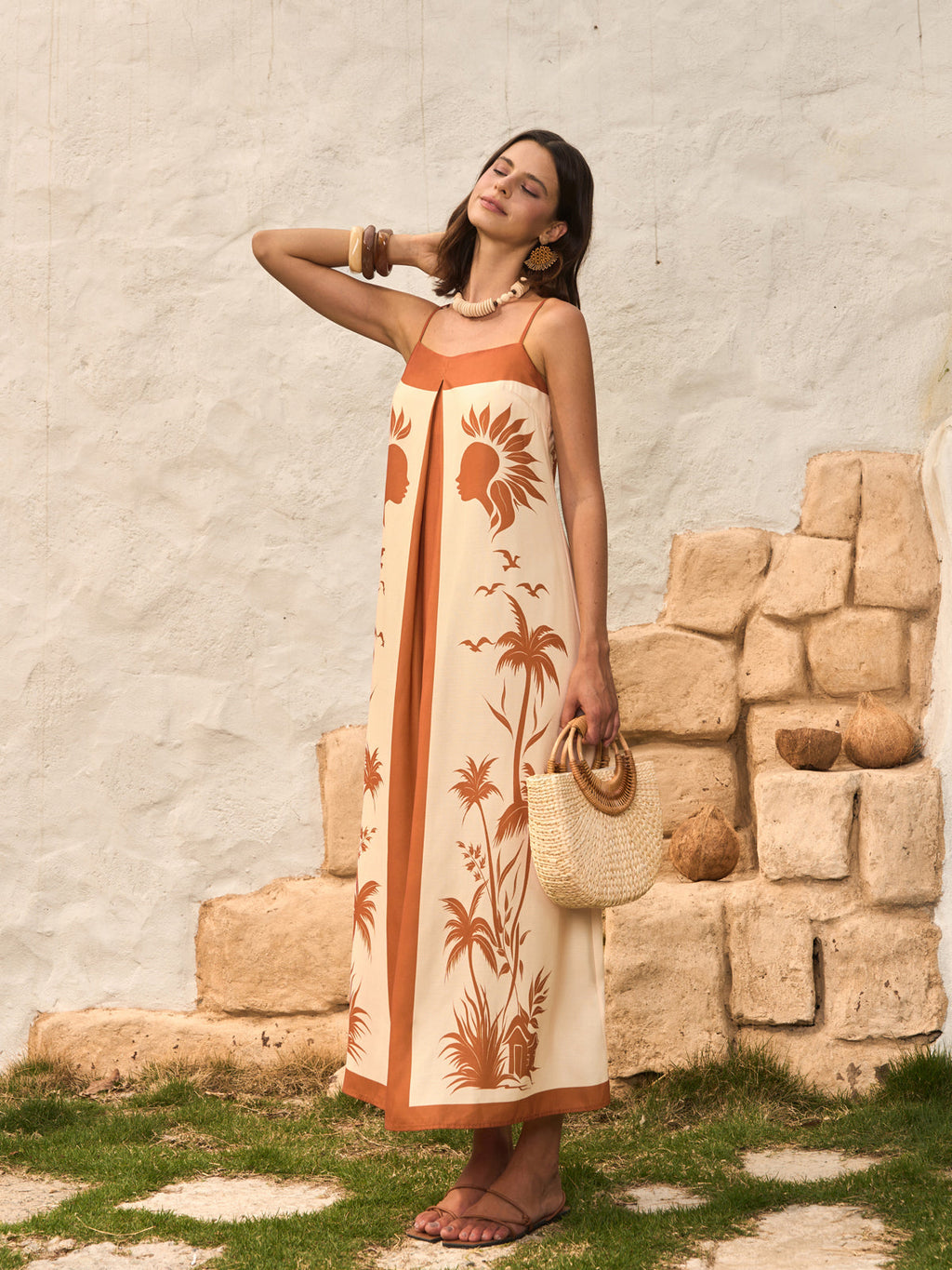 Kontrast Panelli Boho Desenli Askılı Elbise
