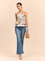 Çiçek Desenli Askısız Peplum Üst Ve Kemer