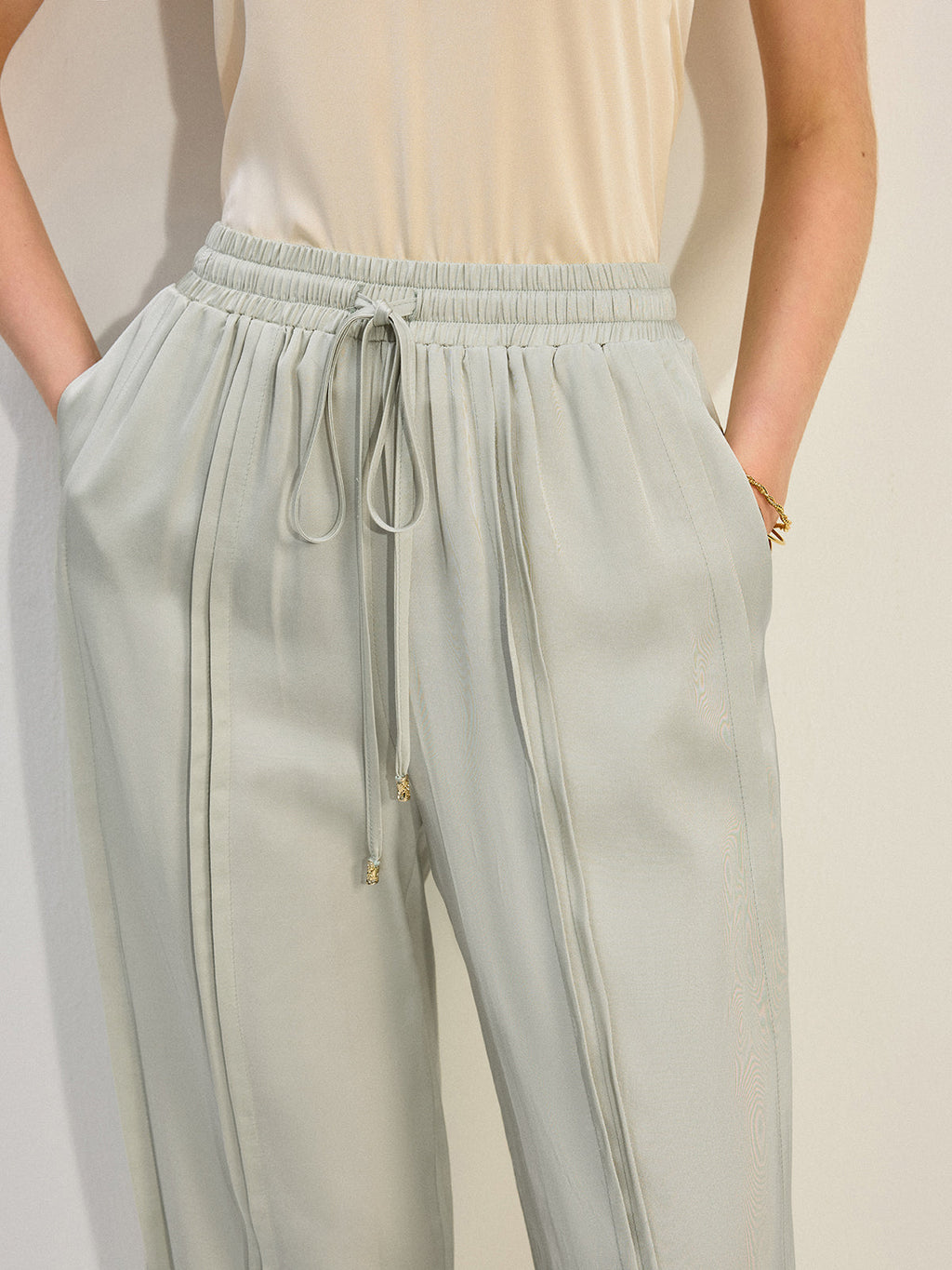 Tencel Rayon Saten Pileli Geniş Paça Pantolon