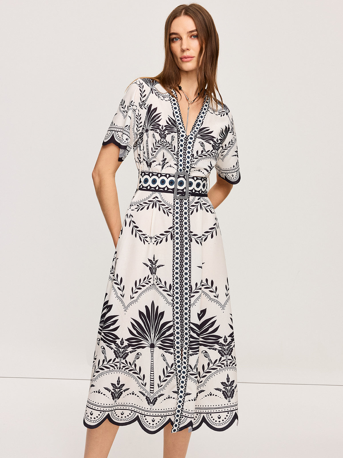 Boho Çiçekli V Yaka Midi Elbise