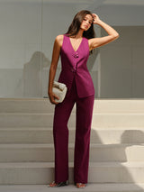 Çiçekli Düğmeli Kolsuz V Yaka Pantolon Takımı