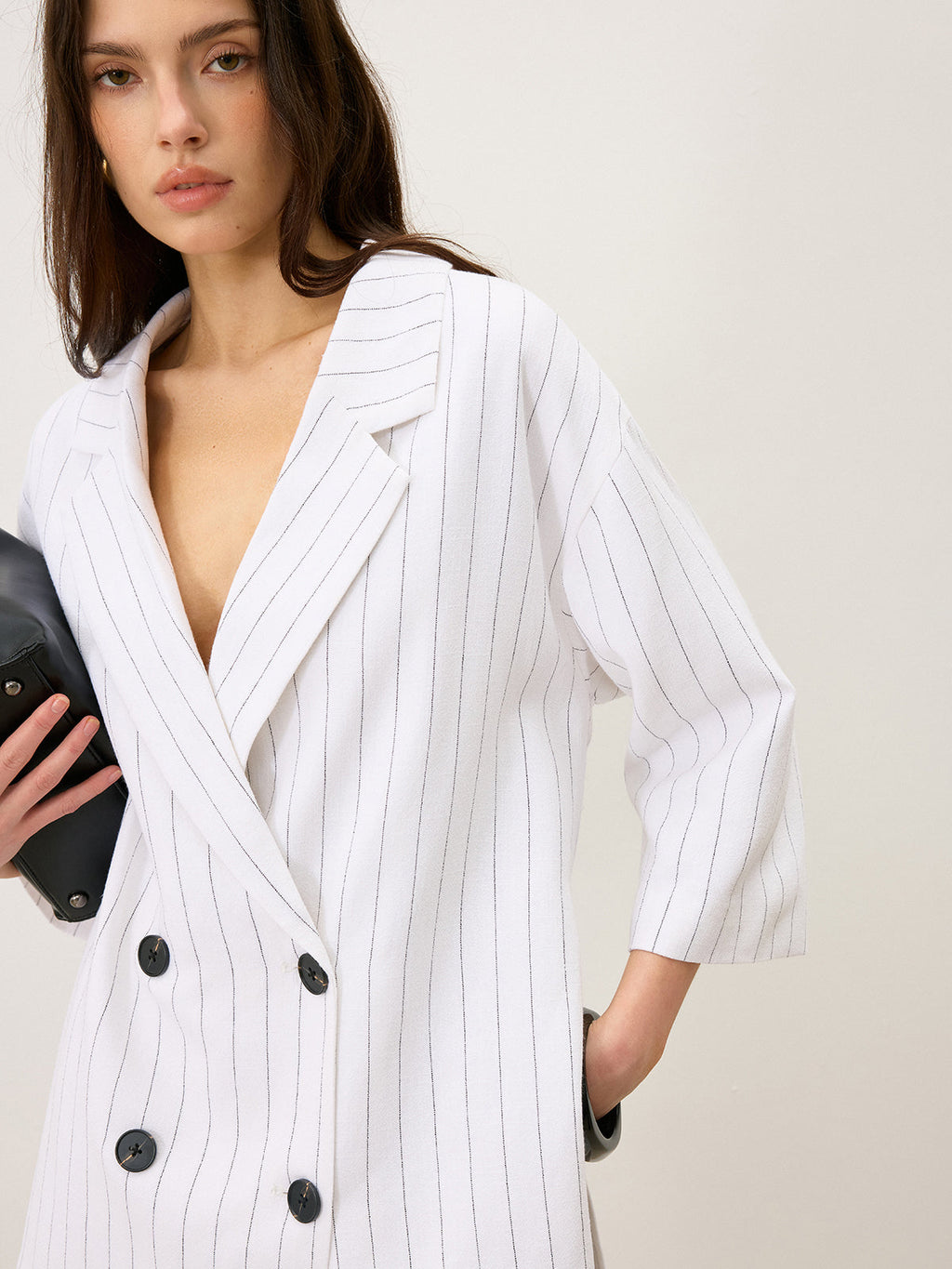 Keten Ve Pamuklu Büyük Boy Çizgili Yan Yırtmaçlı Kruvaze Blazer