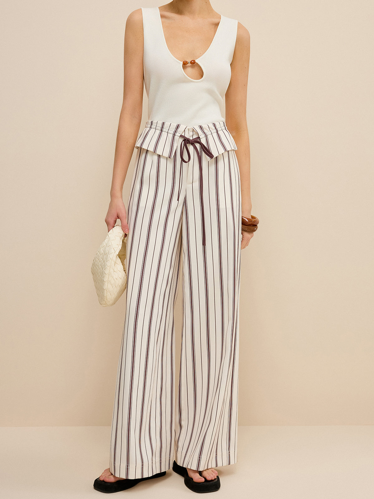 Peplum Bel Çizgili Geniş Paça Pantolon