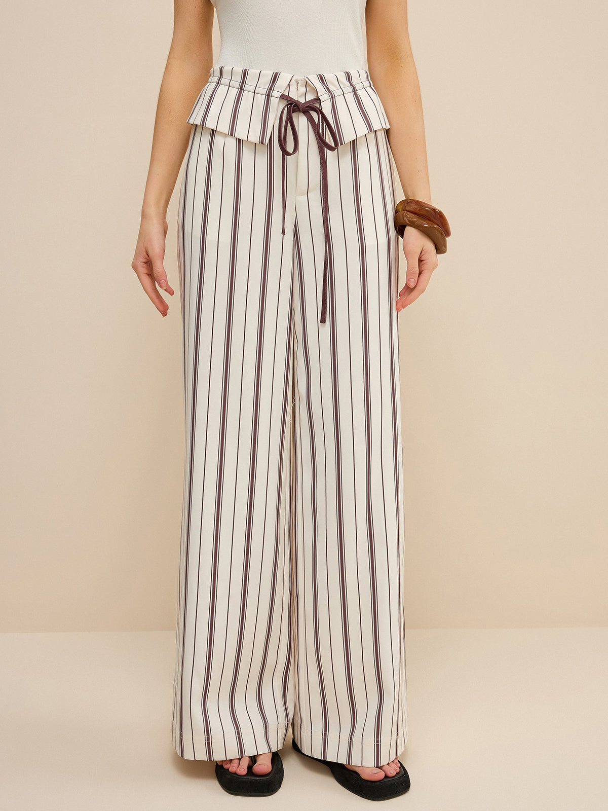 Peplum Bel Çizgili Geniş Paça Pantolon