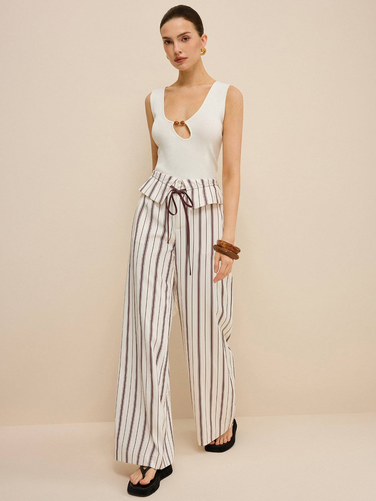 Peplum Bel Çizgili Geniş Paça Pantolon