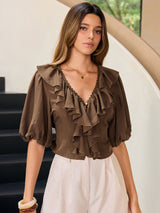 Volanlı V Yakalı Puf Kollu Tencel Bluz