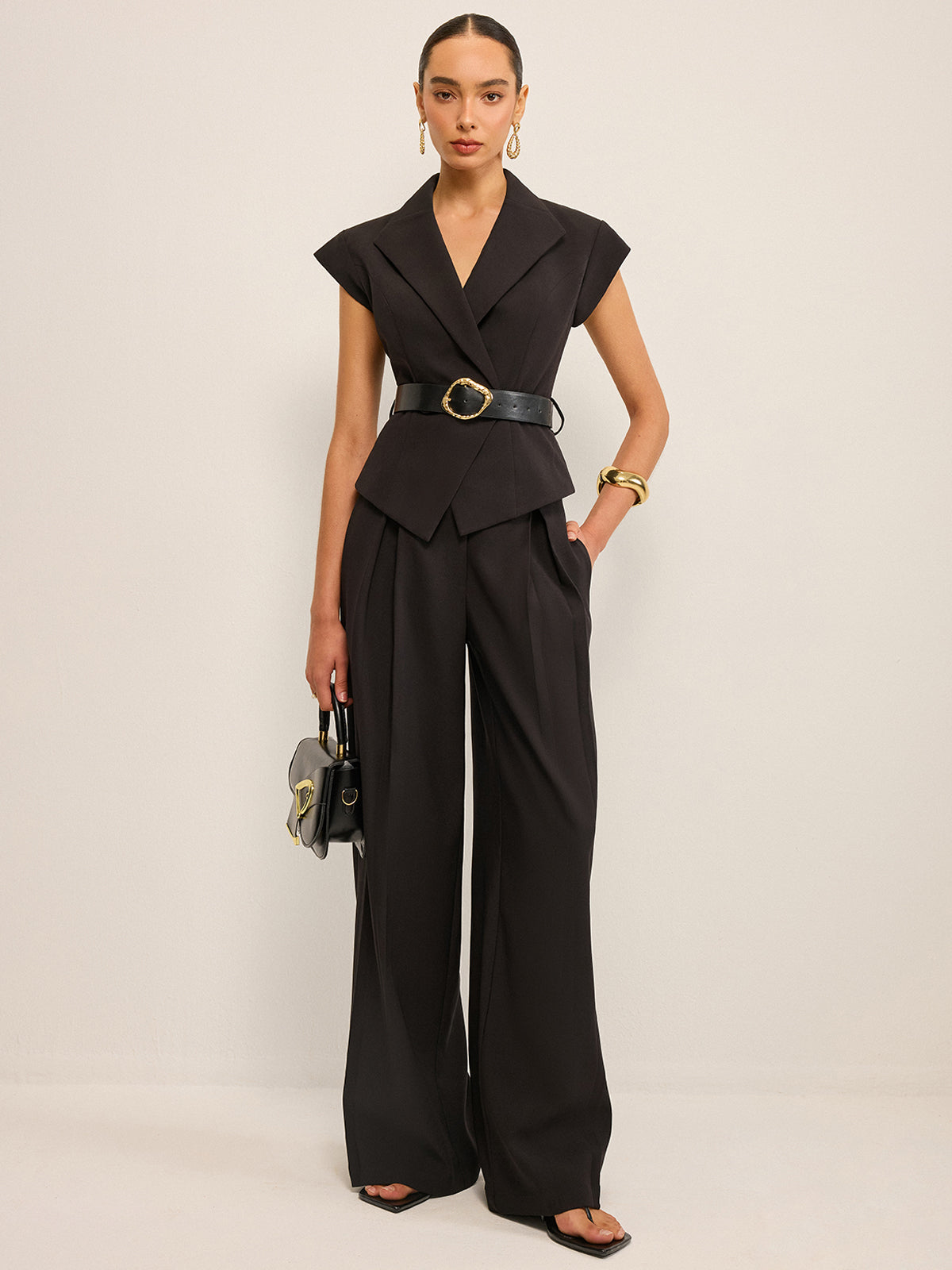 Metal Tokalı Kemerli Peplum Yelek