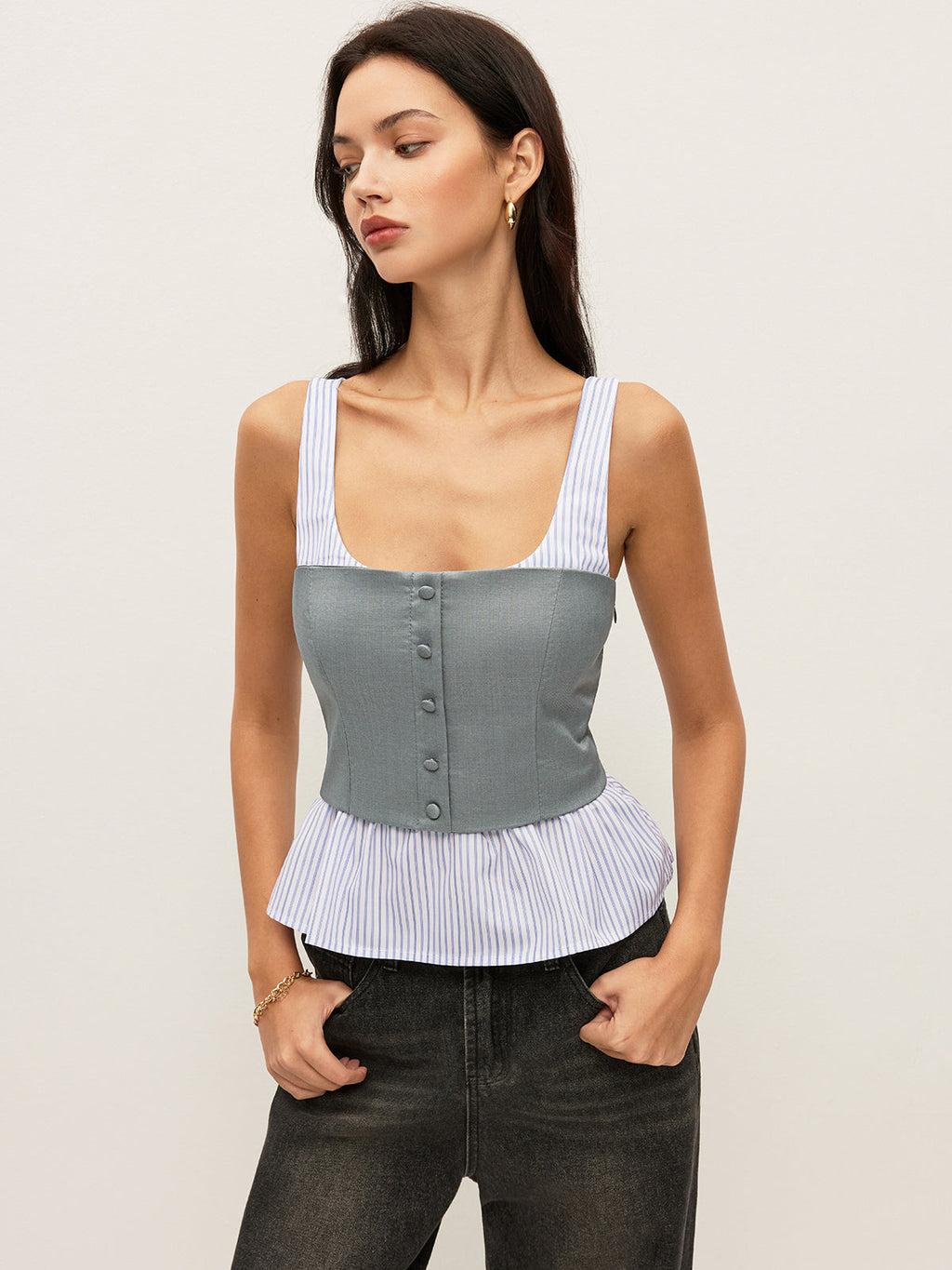 Çizgili Ve Düz Peplum Düğmeli Üst